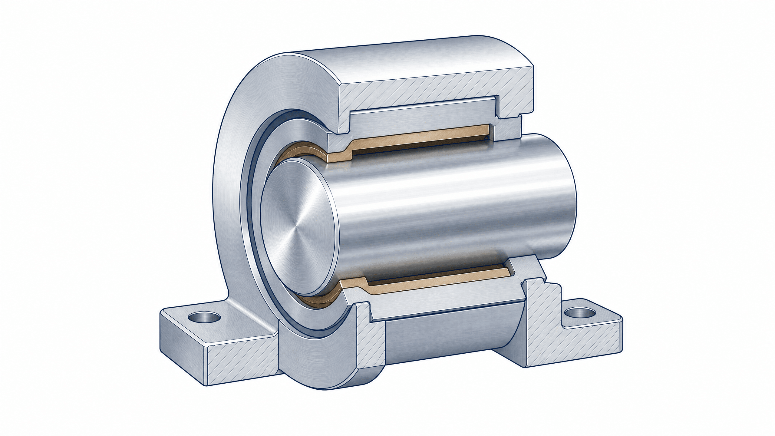 Bearing Tolerance and Fit 10 Cutaway diagram of a plain bearing assembly showing the four mating surfaces: steel shaft, bore (bushing inner diameter), bushing outside diameter, and housing bore